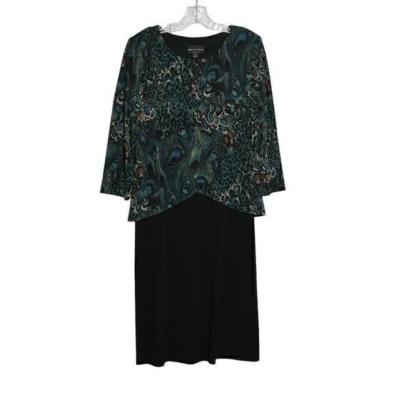 Connected Apparel Black Peacock Layered Stretch Pull On Longsleeve Dress Size 10 - Picture 1 of 5